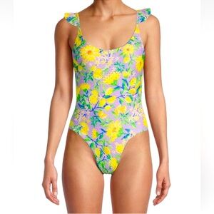 NWOT FARM RIO Lemon Drop Low Back Ruffle Strap 1PC Swimsuit SZ: M